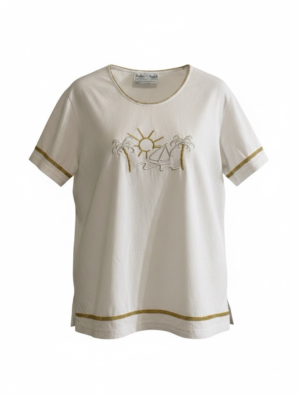 Delta Burke Cream Short Sleeve Tee with Gold Tropical Embroidery